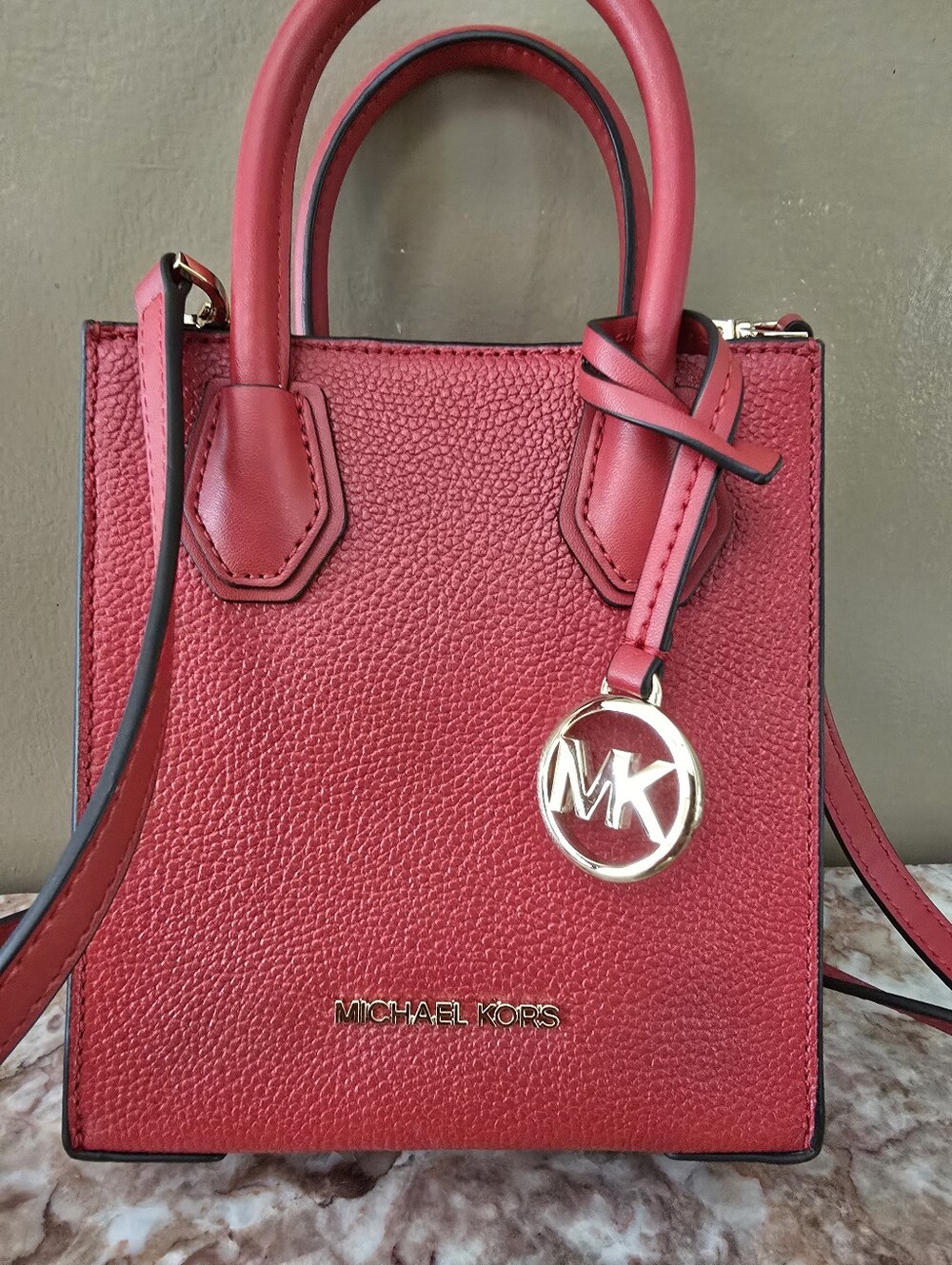 Michael Kors Red Pebbled Mini Satchel with Gold MK Charm
